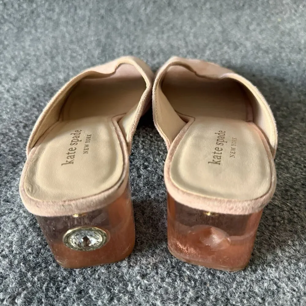 Kate Spade Caila Pink Suede Block Heel Mule Transparent Gem Square Toe 8.5M